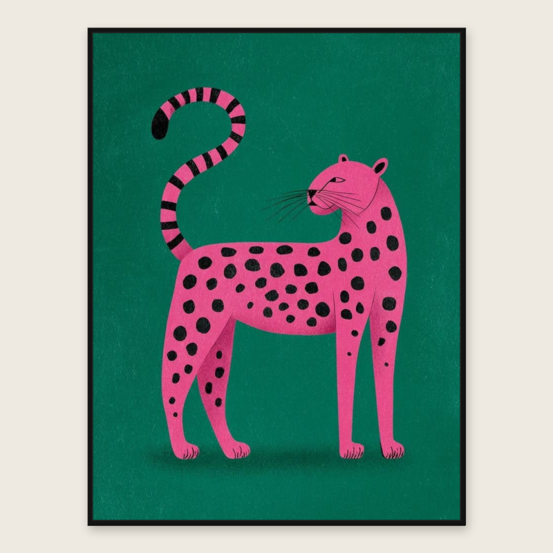Zelie Wall Art | Pink Leopard on a Rich Green Background
