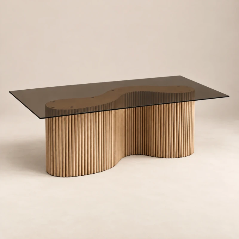 NOVA Dining Table – Smoked Glass & Reeded Wood Base