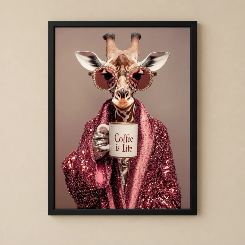 Coffee Lover Giraffe Wall Art | Funny Kitchen Print