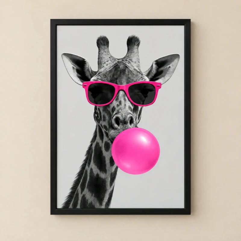 Pink Bubble Giraffe Wall Art | Black & White Animal Print