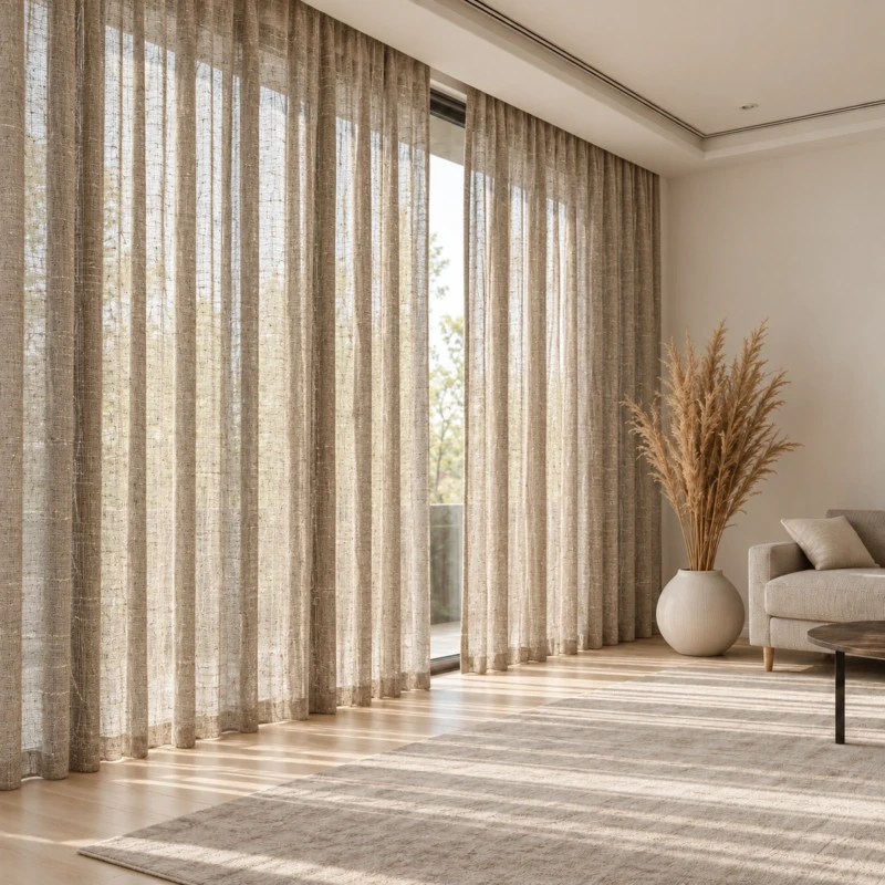 Tola Mocha Sheer Linen-Look Curtain | Cozy Textured Drape