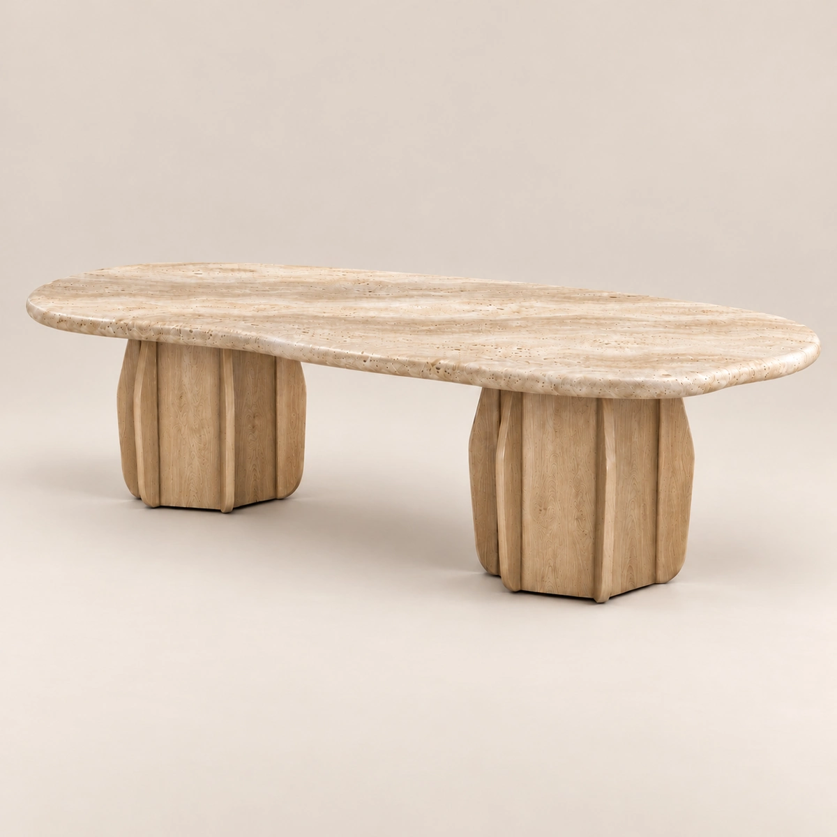 Shop the Travertine dining table: an organic freeform travertine top on two sculptural wood pedestals. W130 cm. Warm, natural luxury. Order today.