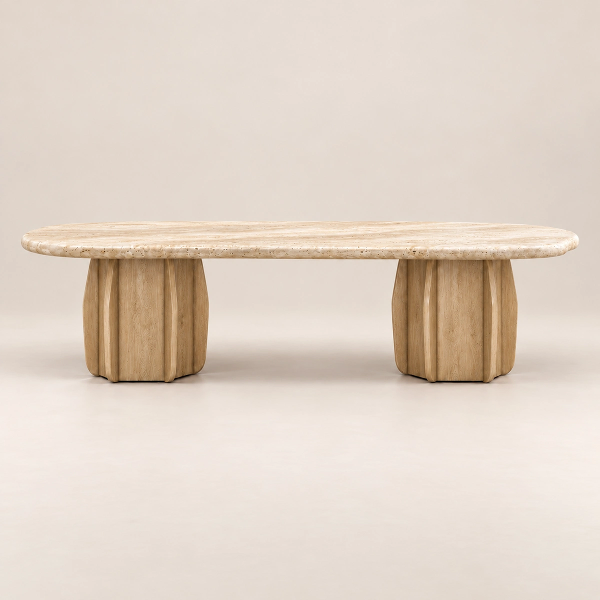 Shop the Travertine dining table: an organic freeform travertine top on two sculptural wood pedestals. W130 cm. Warm, natural luxury. Order today.