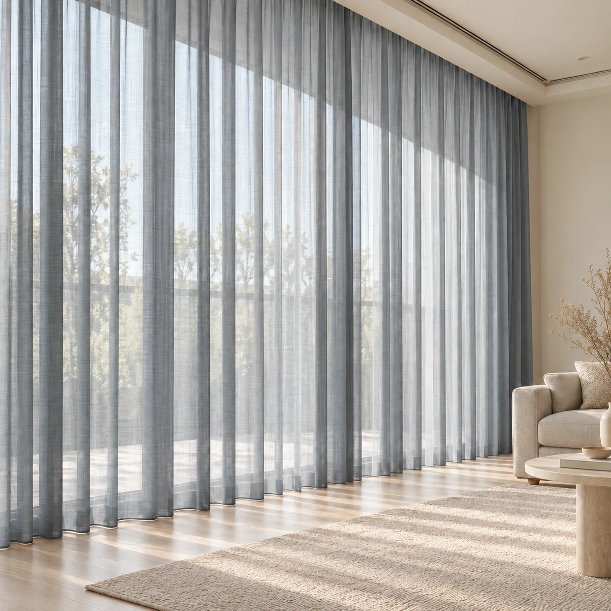 Vespera Sheer Curtain -Soft Blue & Grey Colour with an Elegant, Flowing Drape