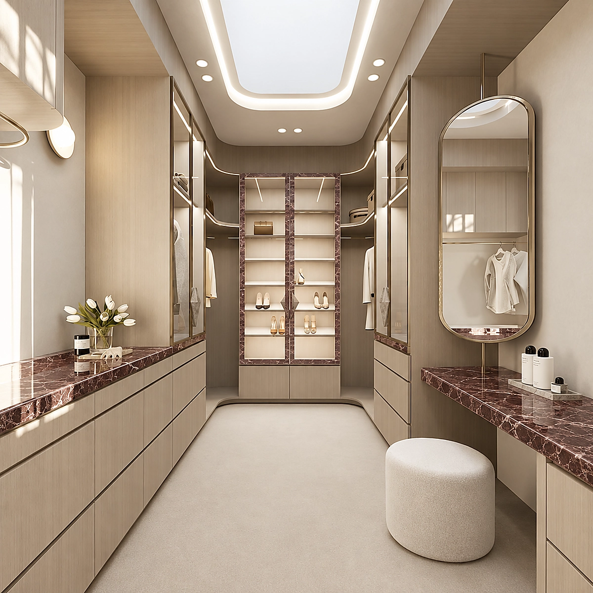 Dressing room with arched glass wardrobe