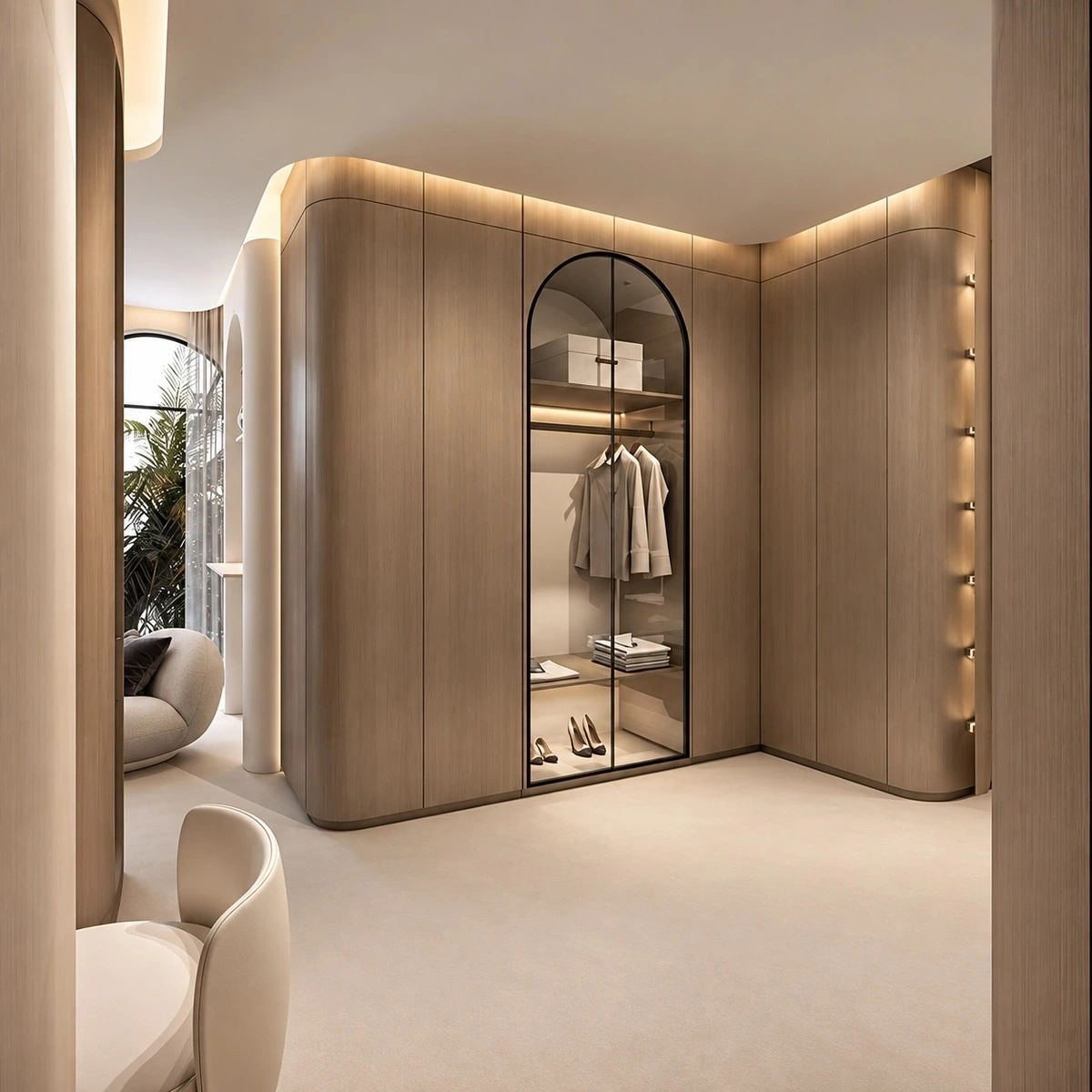 Walk-in dressing room with marble counters