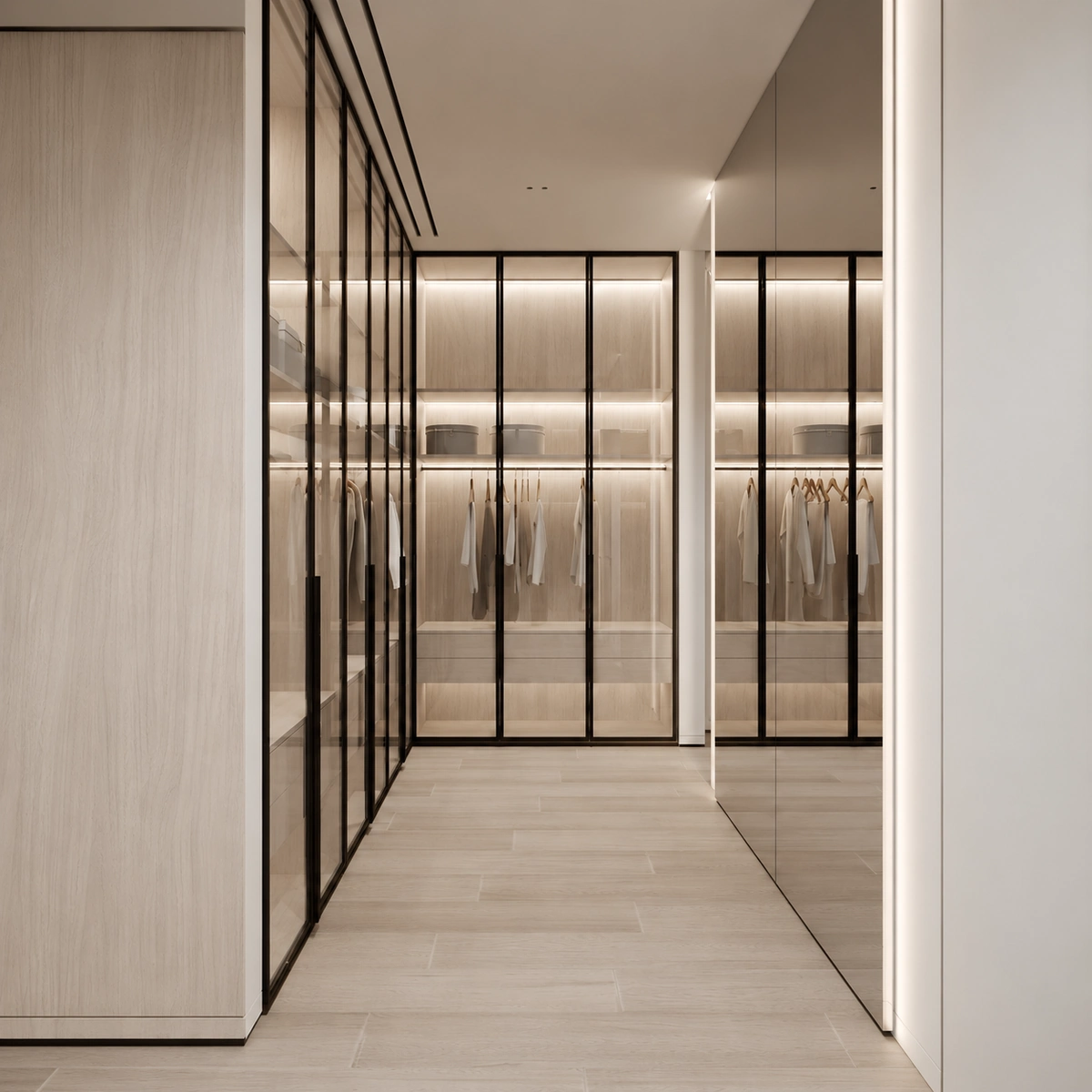 Glass-fronted walk-in wardrobe