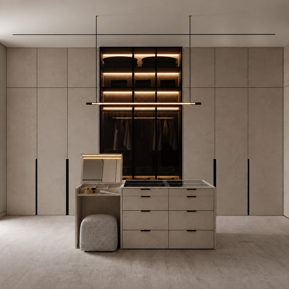Dressing room with island and vanity