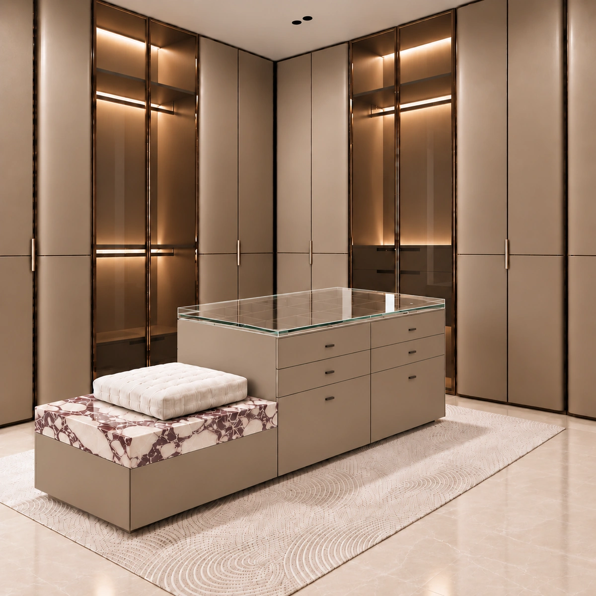 Dressing room with arched glass wardrobe