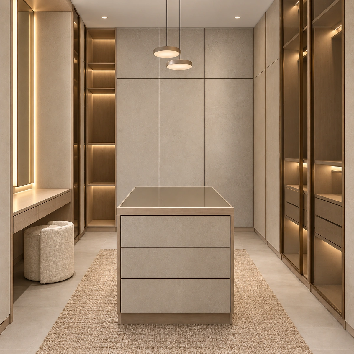 Dressing room with island and vanity