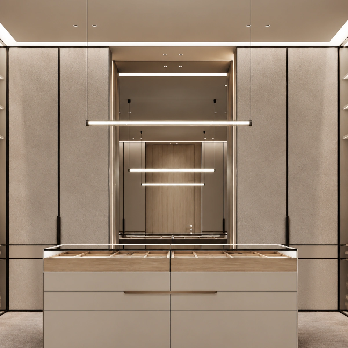 Dressing room with arched glass wardrobe