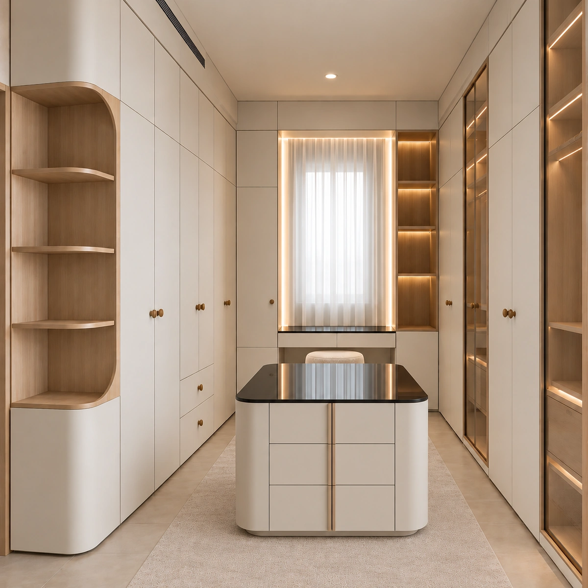 Dressing room with arched glass wardrobe