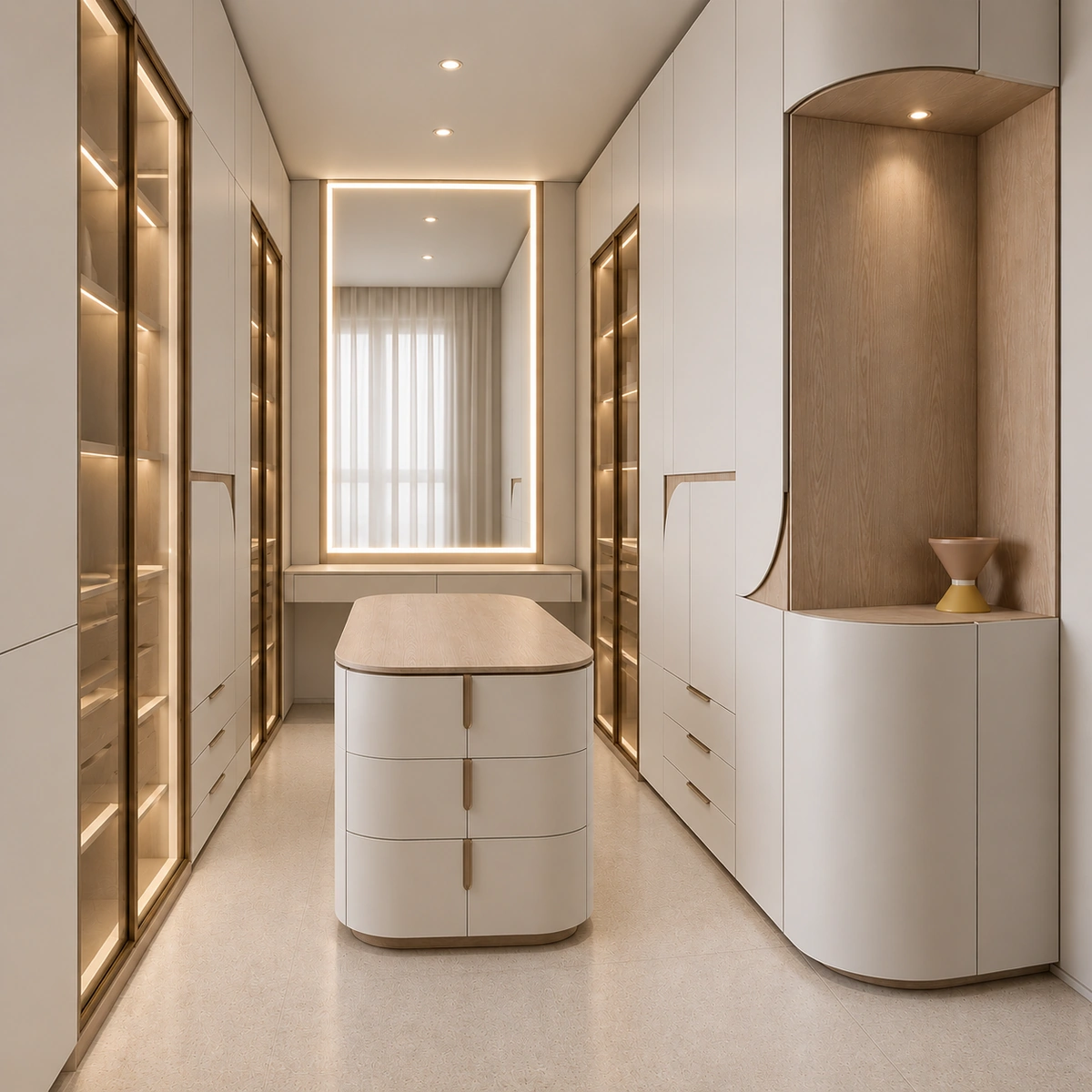 Dressing room with arched glass wardrobe