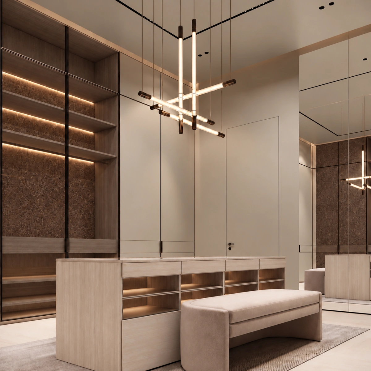 Dressing room with arched glass wardrobe