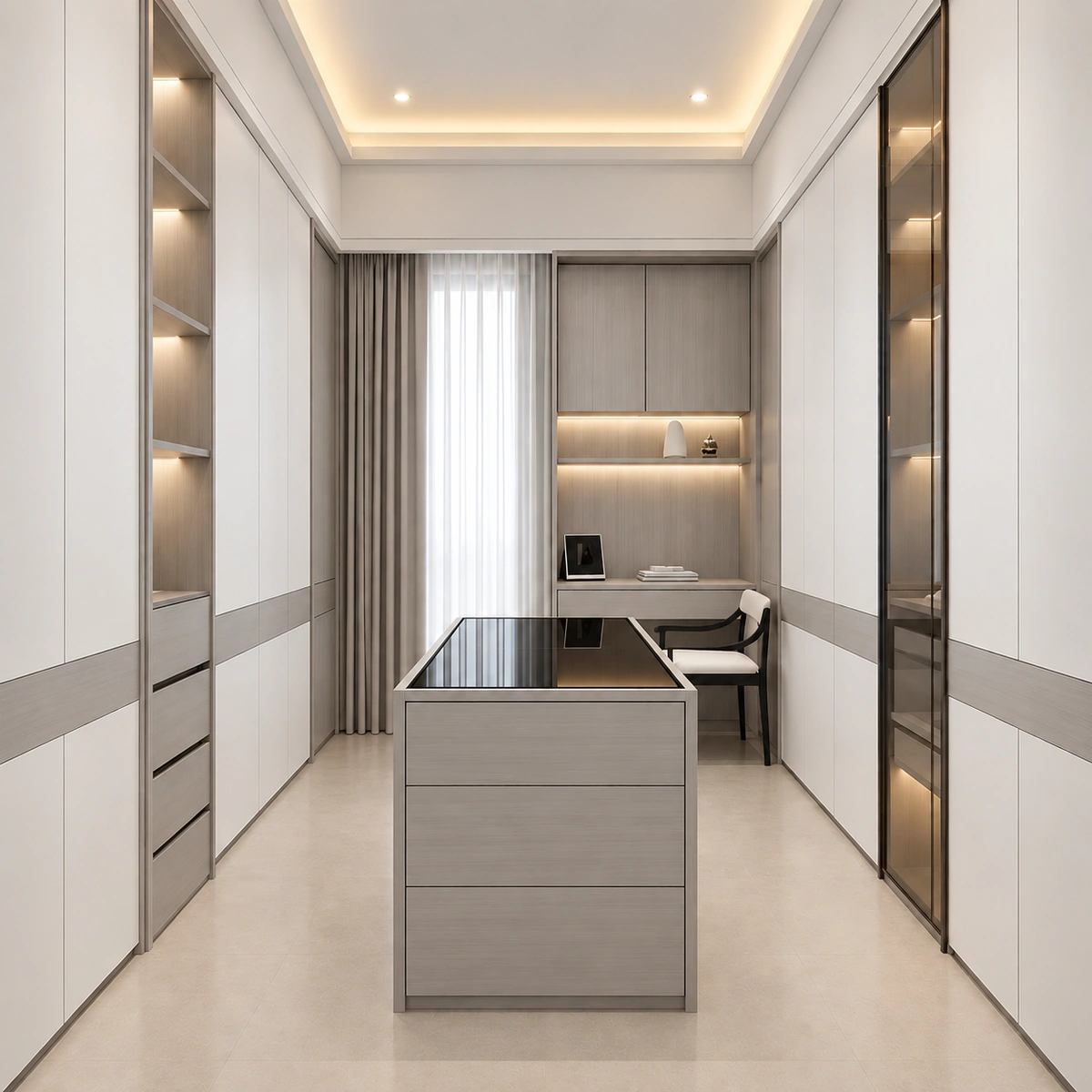 Glass-fronted walk-in wardrobe