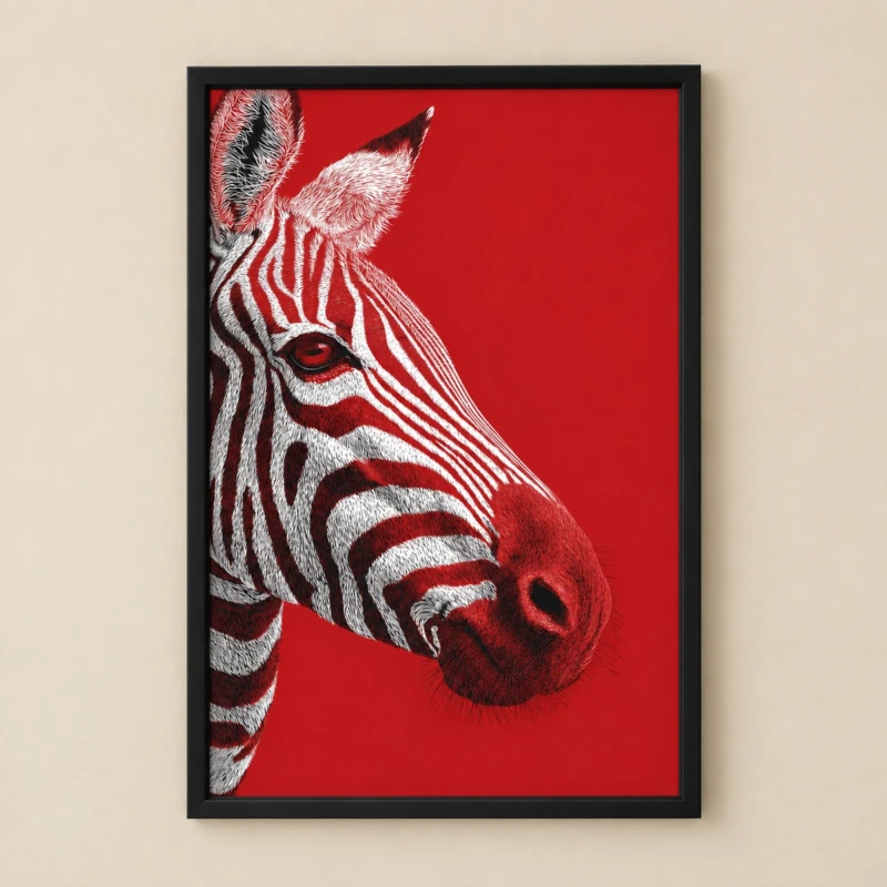 Red Zebra Portrait Wall Art | Bold Framed Animal Print