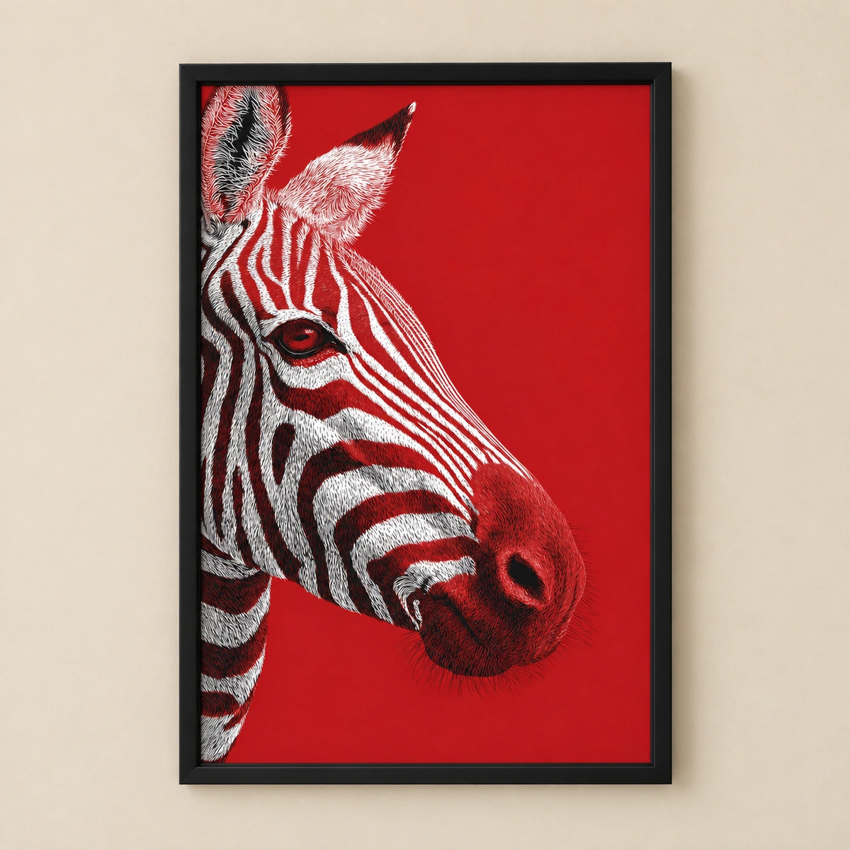 Red Zebra Portrait Wall Art | Bold Framed Animal Print