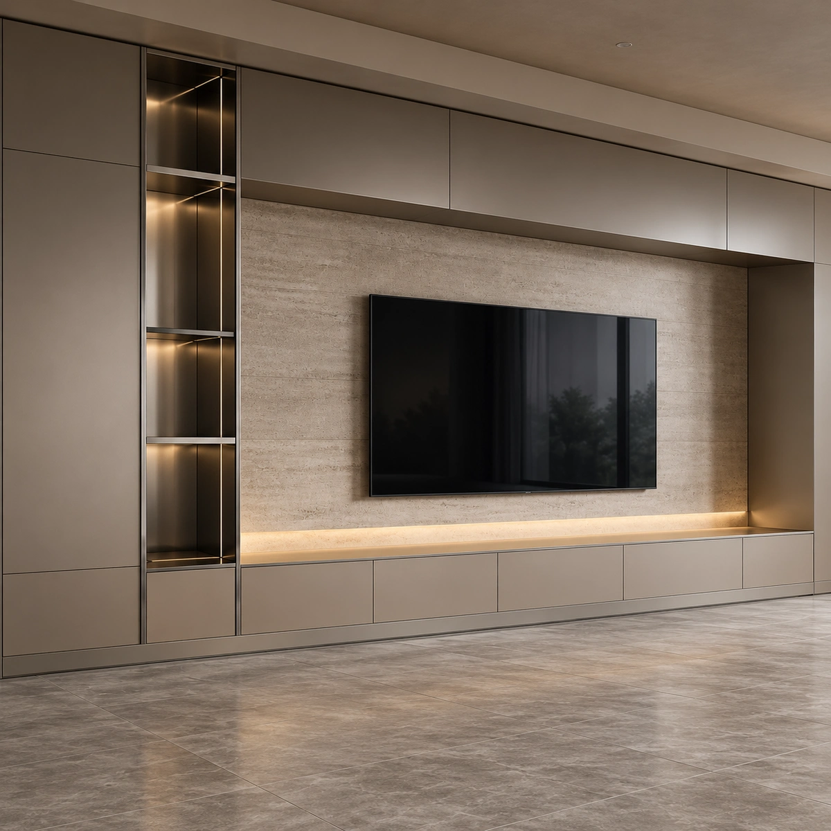 Greige wall-to-wall TV unit with a travertine-look feature panel, wall-mounted TV, illuminated display column, overhead cabinets and a low drawer base with warm lighting.