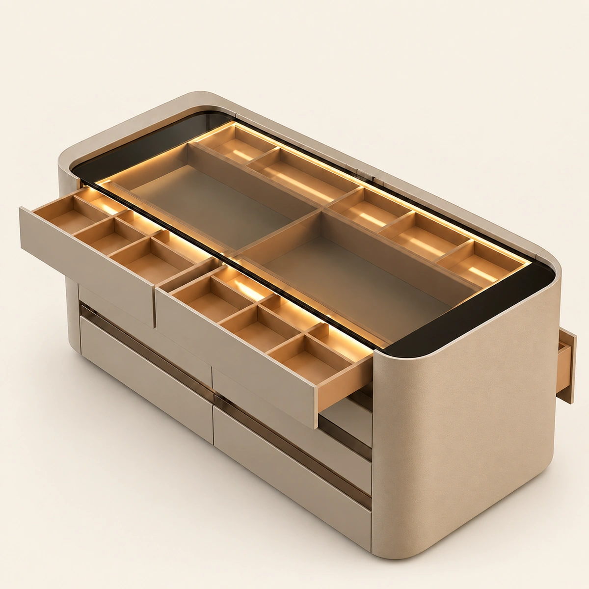 Lit jewellery island with glass top and divided drawers