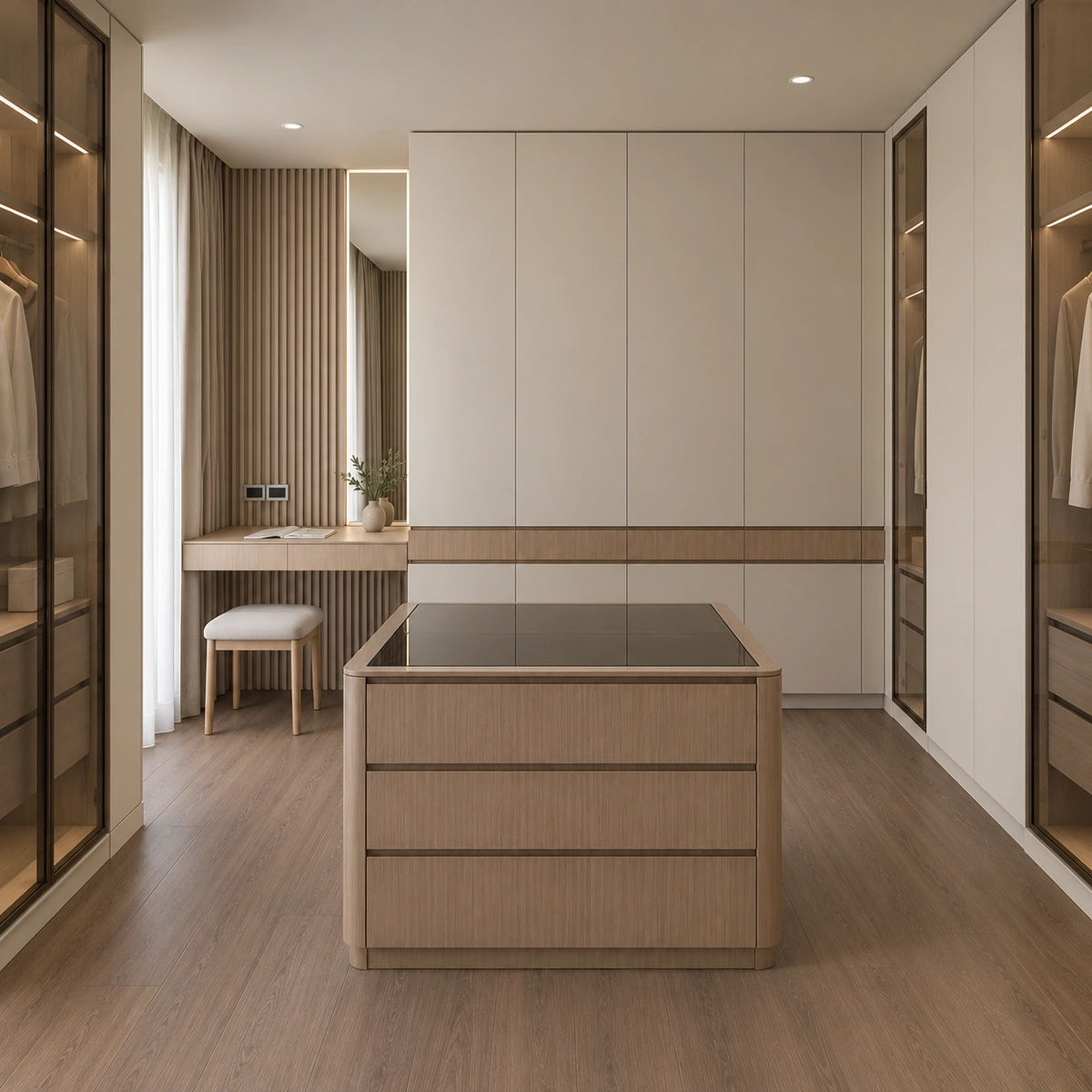 Walk-in dressing room with marble counters