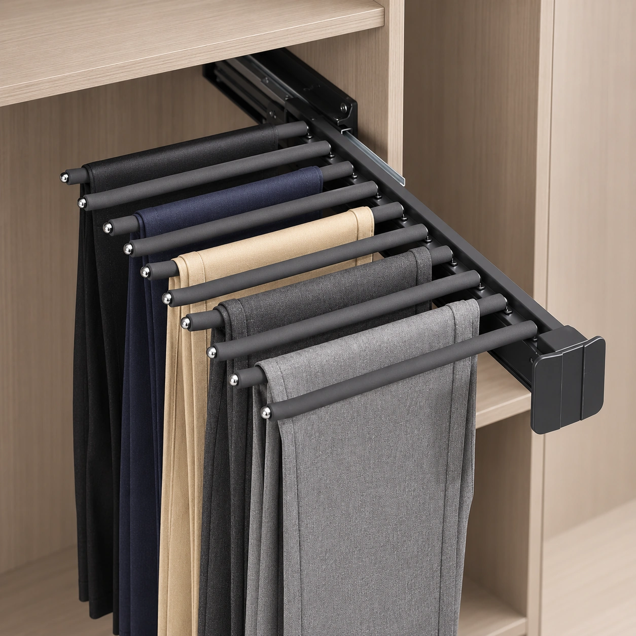 Pull-out trouser rack with trousers hanging