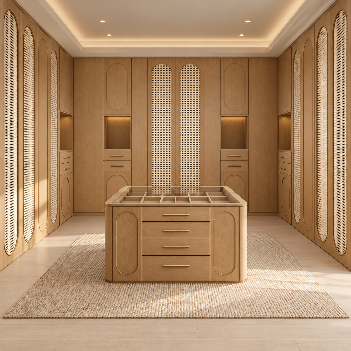 Dressing room with arched glass wardrobe