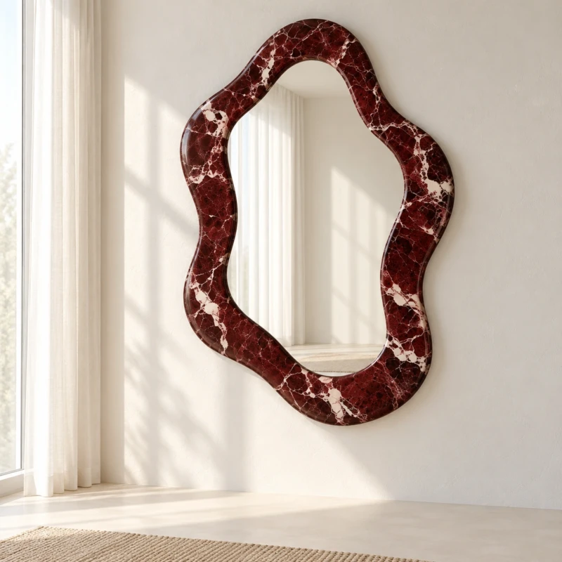 SOLEA Mirror — Burgundy Marble-Look Frame with an Organic Silhouette