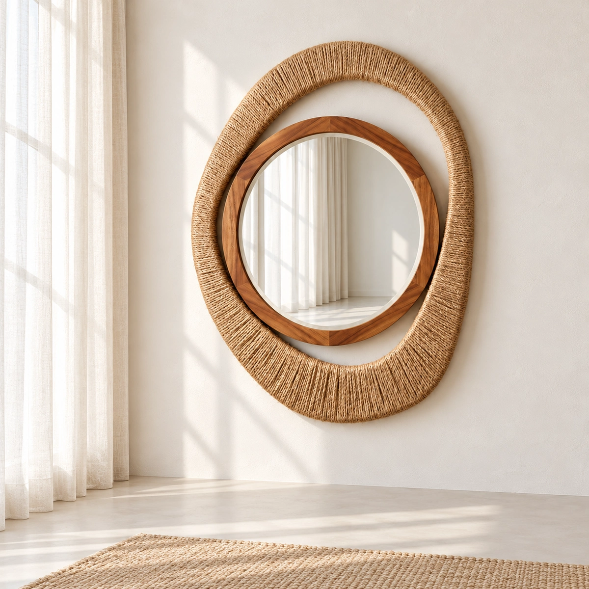 SOLIS Mirror | Layered Tan Woven-Look and Brown Frame - luxury furniture Dubai UAE