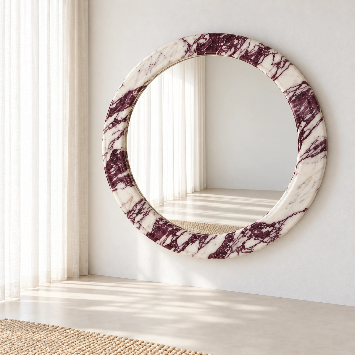 ALBA Mirror | Round Ivory Frame with Burgundy Marble-Look Veining