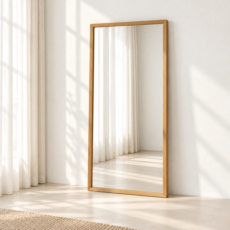 TRIA Mirror | Tall Rectangular Mirror with a Warm Wood-Grain-Look Frame