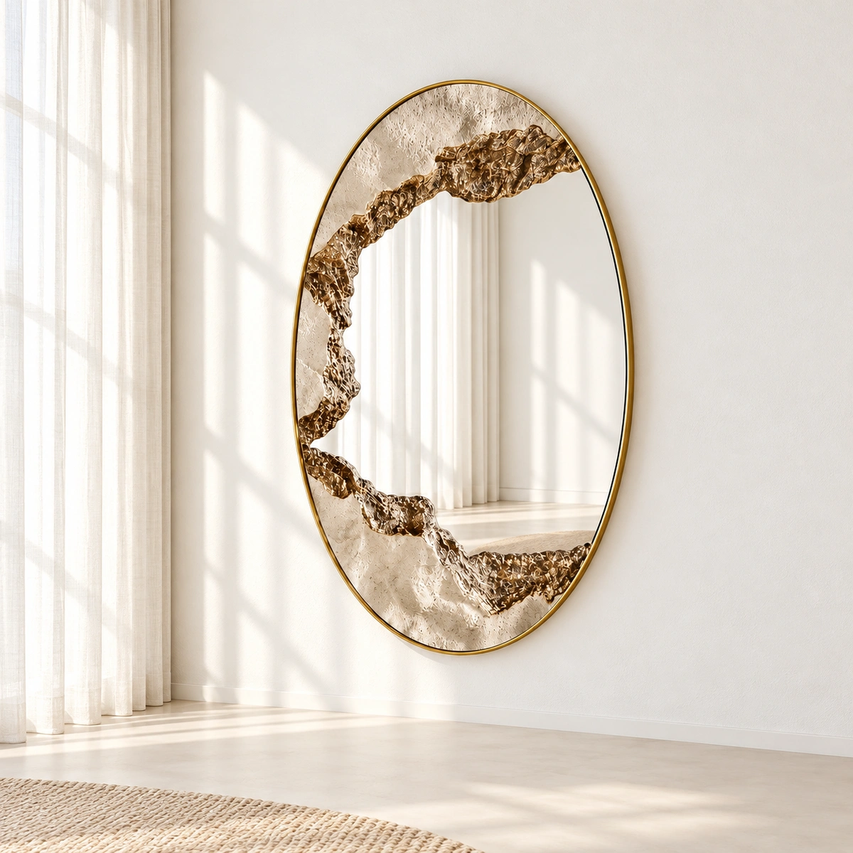 LUME arched mirror framed in green onyx-look stone beside soft curtains.