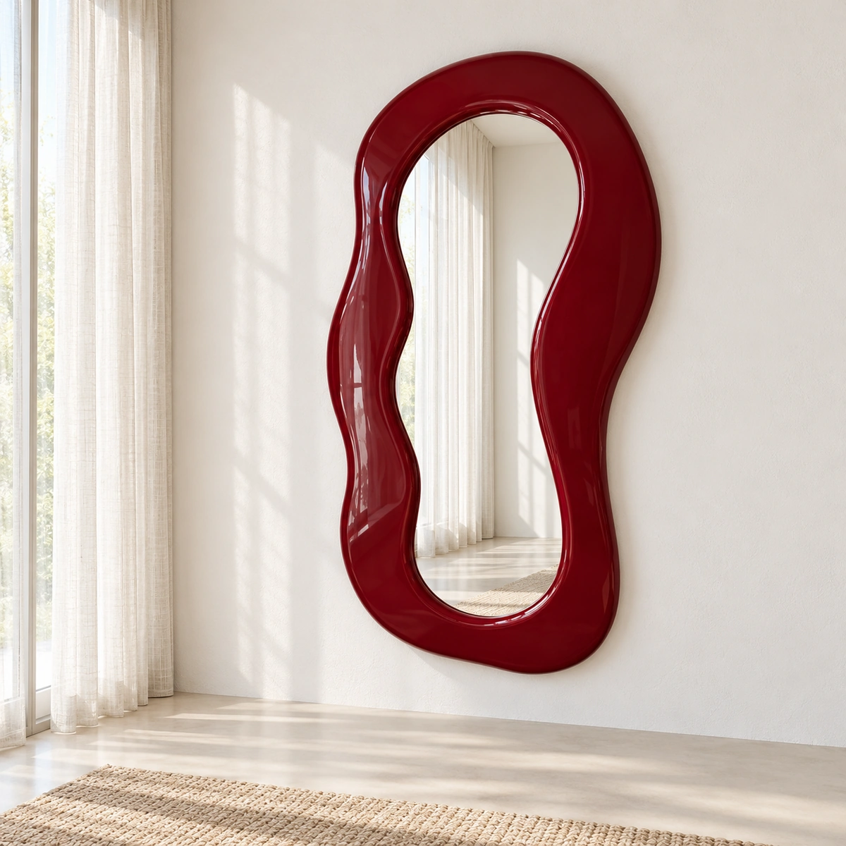 VIORA Mirror — Sculptural Organic Frame in Glossy Deep Red