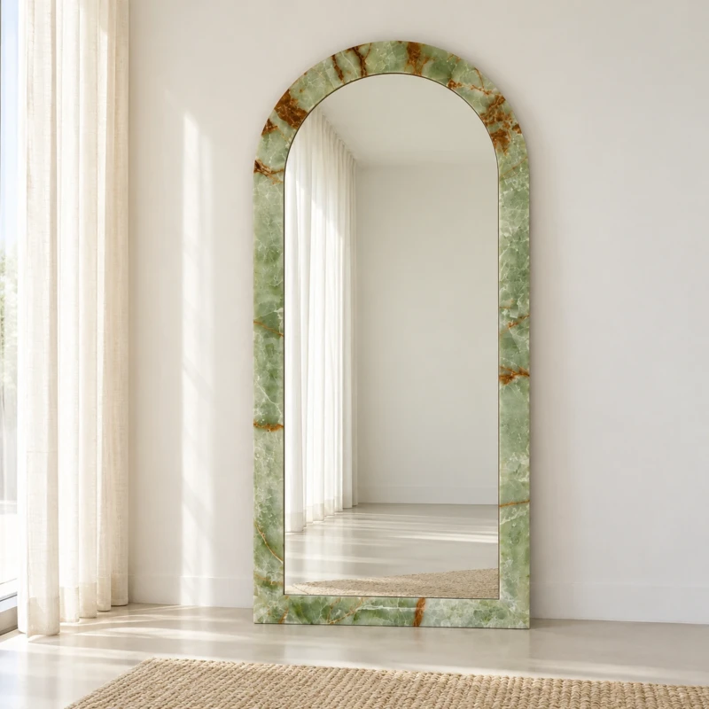 PERLA Mirror | Green Stone-Look Frame with an Elegant Arched Profile