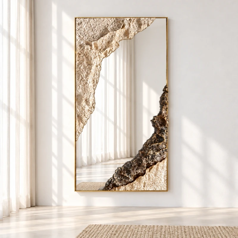 HALY Mirror | Rectangular Mirror with Cream and Bronze-Tone Sculptural Detailing