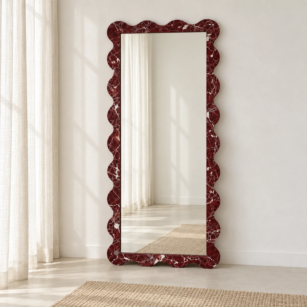 FIORA Mirror — Tall Scalloped Frame in Burgundy Marble-Look Styling