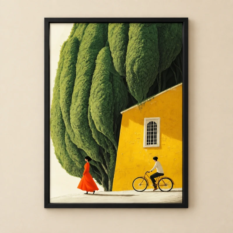 Yellow House Garden Wall Art | Cypress Tree Illustration Print