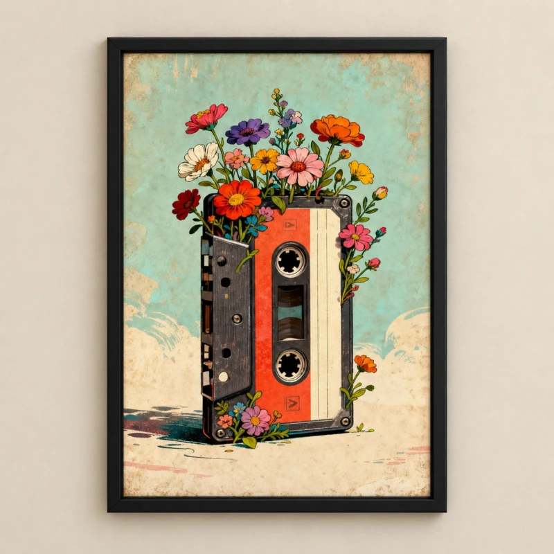 Flower Cassette Wall Art | Vintage Music and Floral Print