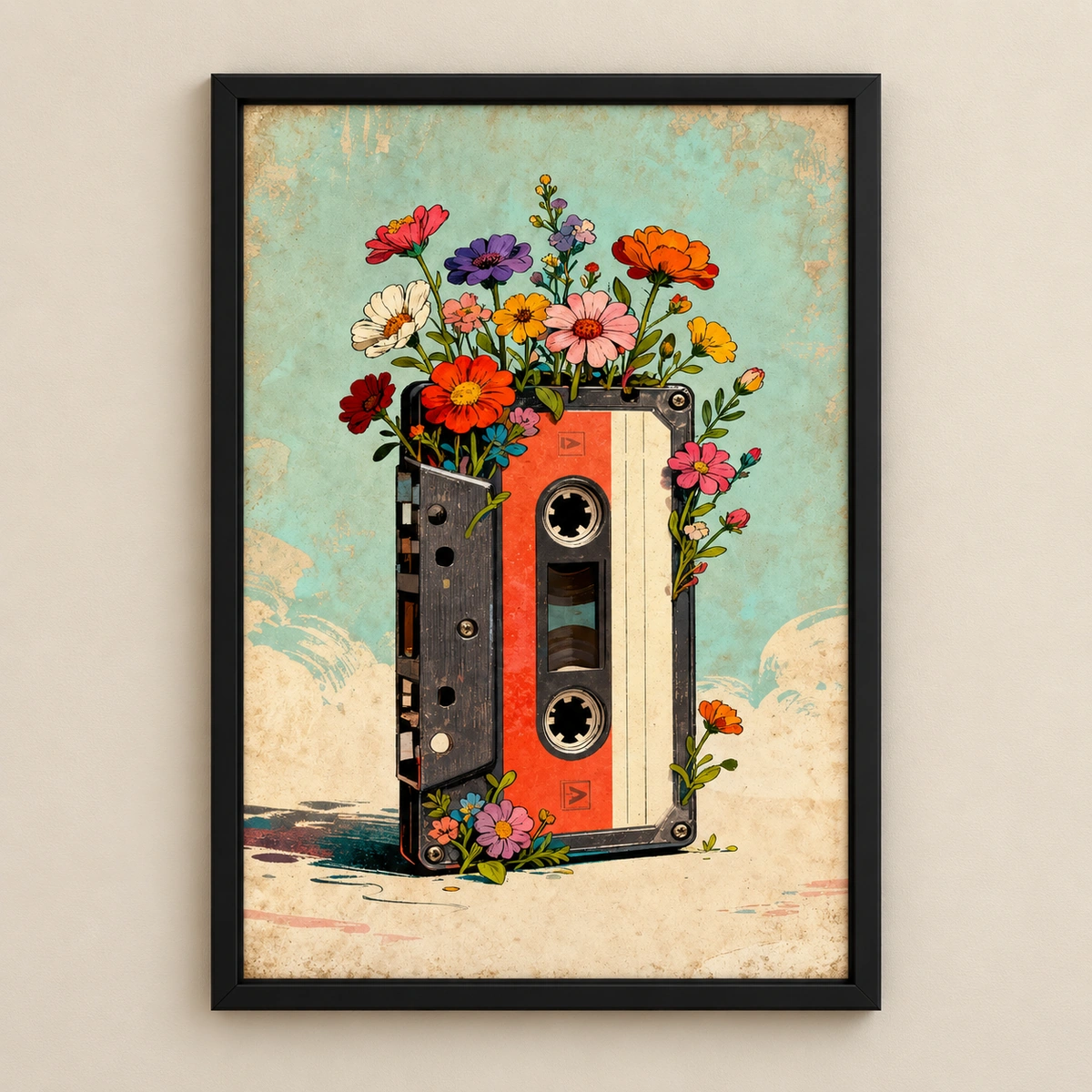 Flower Cassette Wall Art | Vintage Music and Floral Print