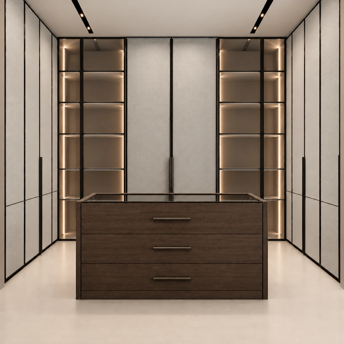 Dressing room with arched glass wardrobe